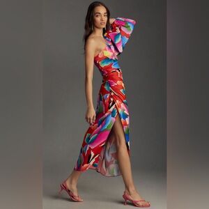 Farm Rio x Anthroplogie One-Shoulder Slim Floral Midi Dress Small Slit Leg Puff
